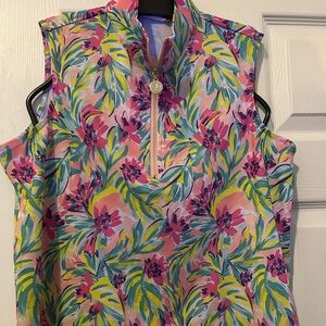 Tropical Floral Zip-Up Blouse - Pink and Blue